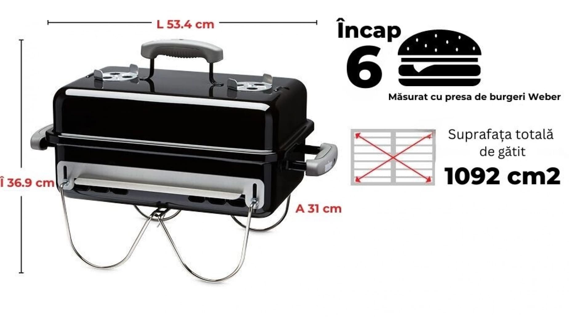Grătar pe cărbuni Go-Anywhere, Negru, portabil, Weber — imaginea 2