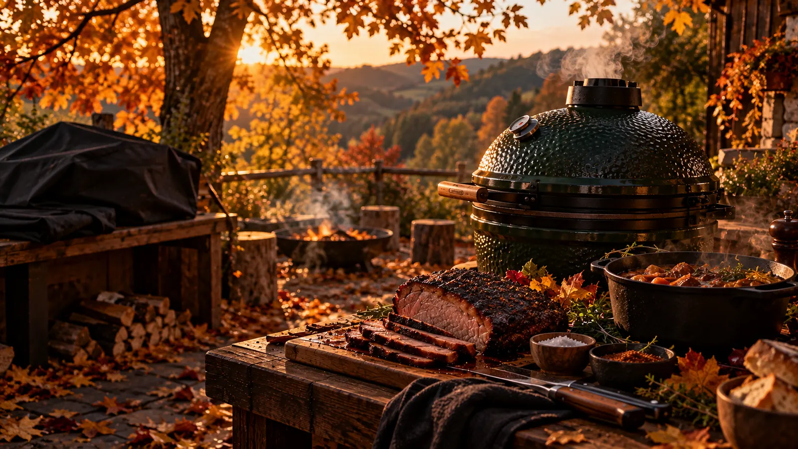 Kamado și grătar acoperit cu husă, toamna, lângă masa cu friptura feliată