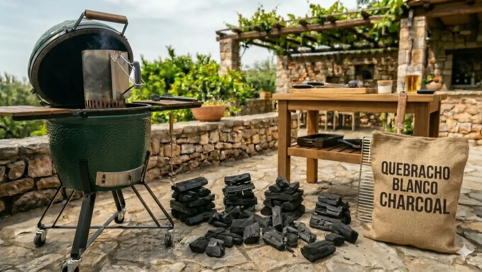 Carbuni Quebracho Blanco pe o terasa unde se afla un gratar ceramic Kamado pe carbuni cu un aprinzator de tip horn