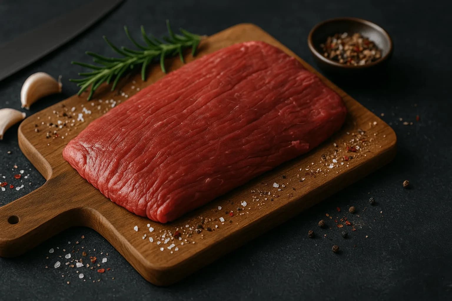 Flank steak pe un tocator din lemn inconjurat de condimente