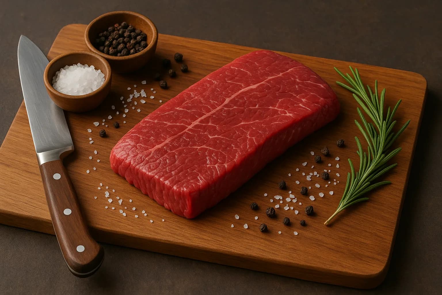 Steak Flat Iron pe tocator de lemn inconjurat de condimente si ofera gust intens perfect pe gratar
