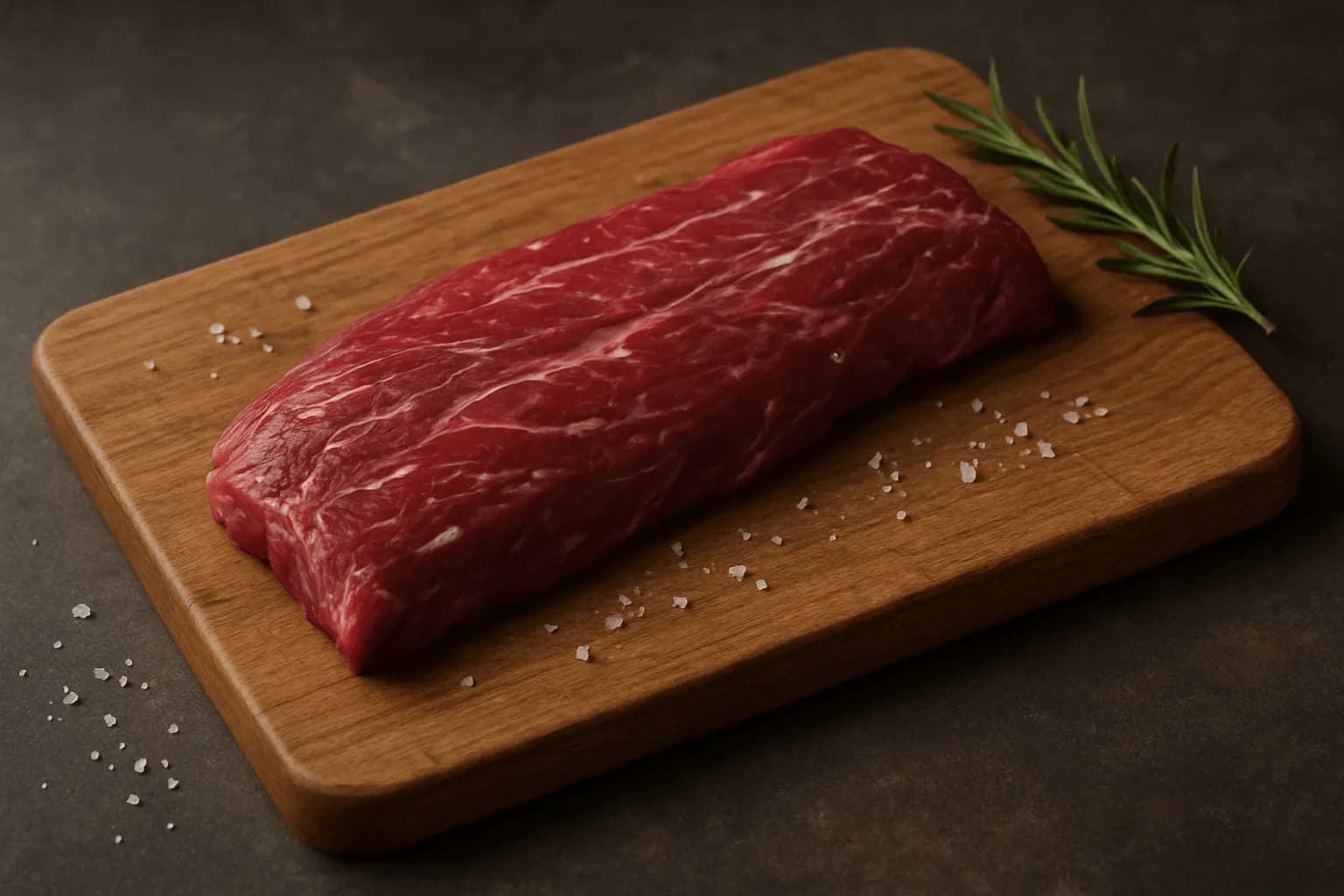 Hanger steak pe un tocator si un fir de rozmarin