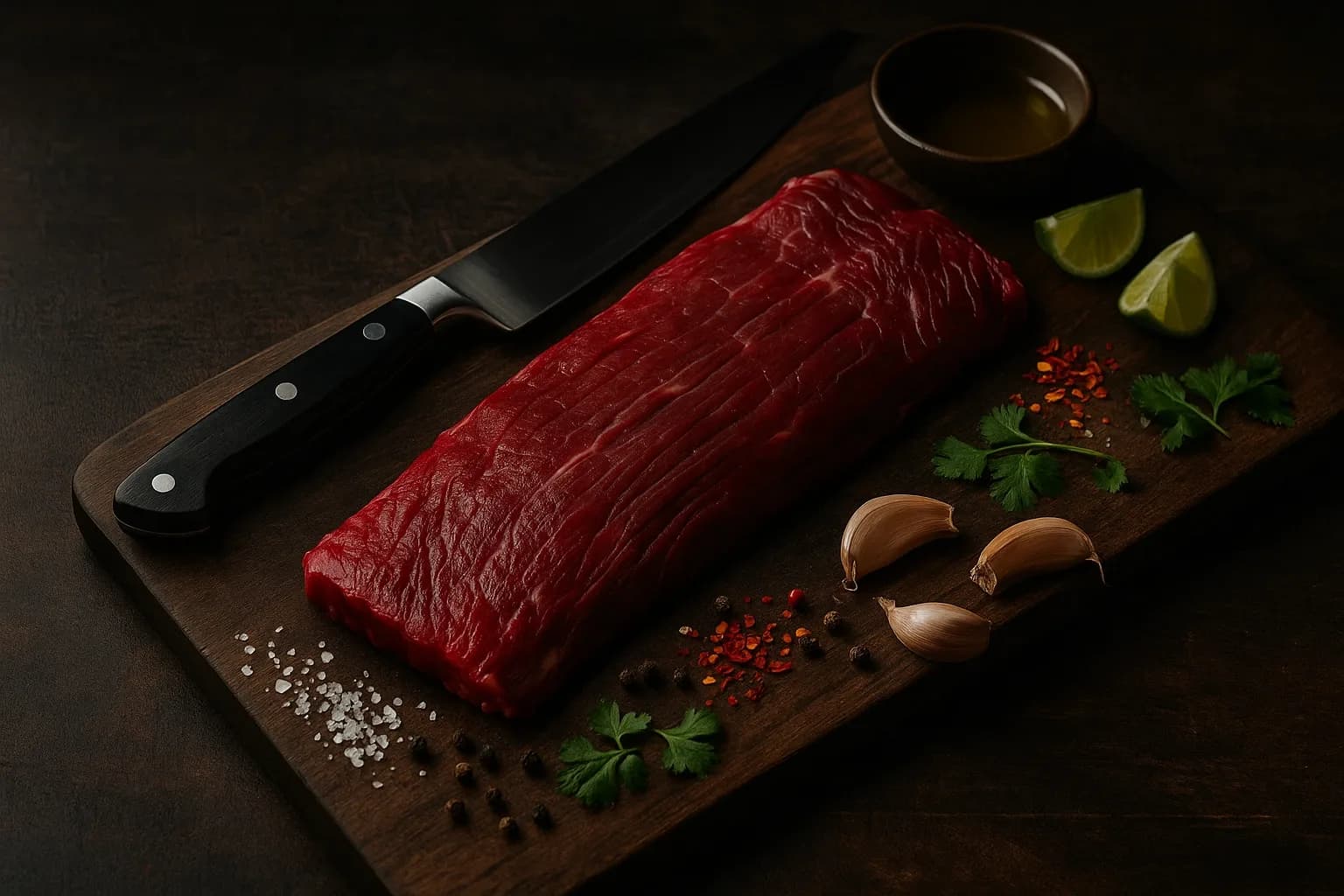 Skirt steak pe tocator din lemn si condimente