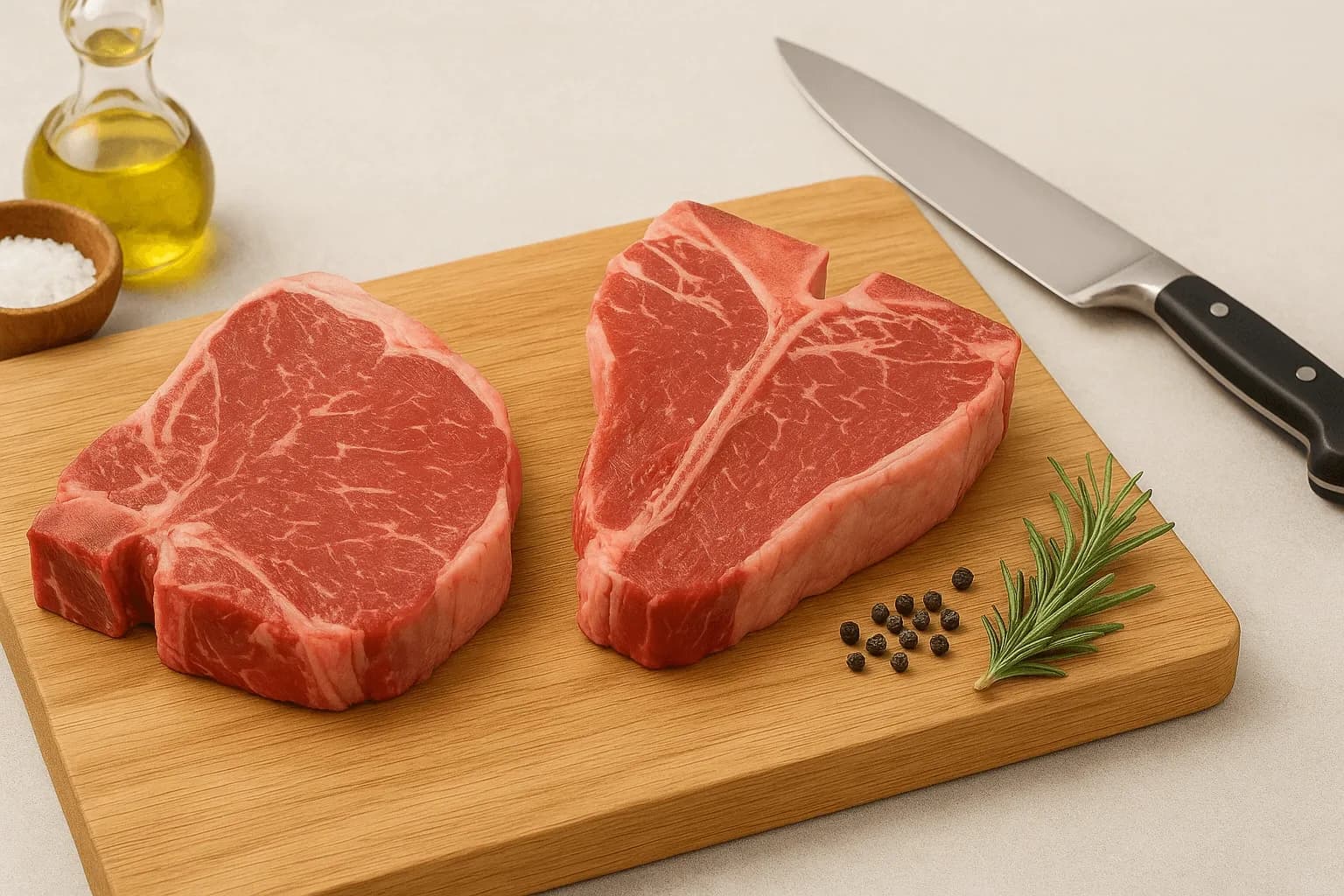 Steak premium Porterhouse si T Bone pe un tocator cu accesorii si condimente