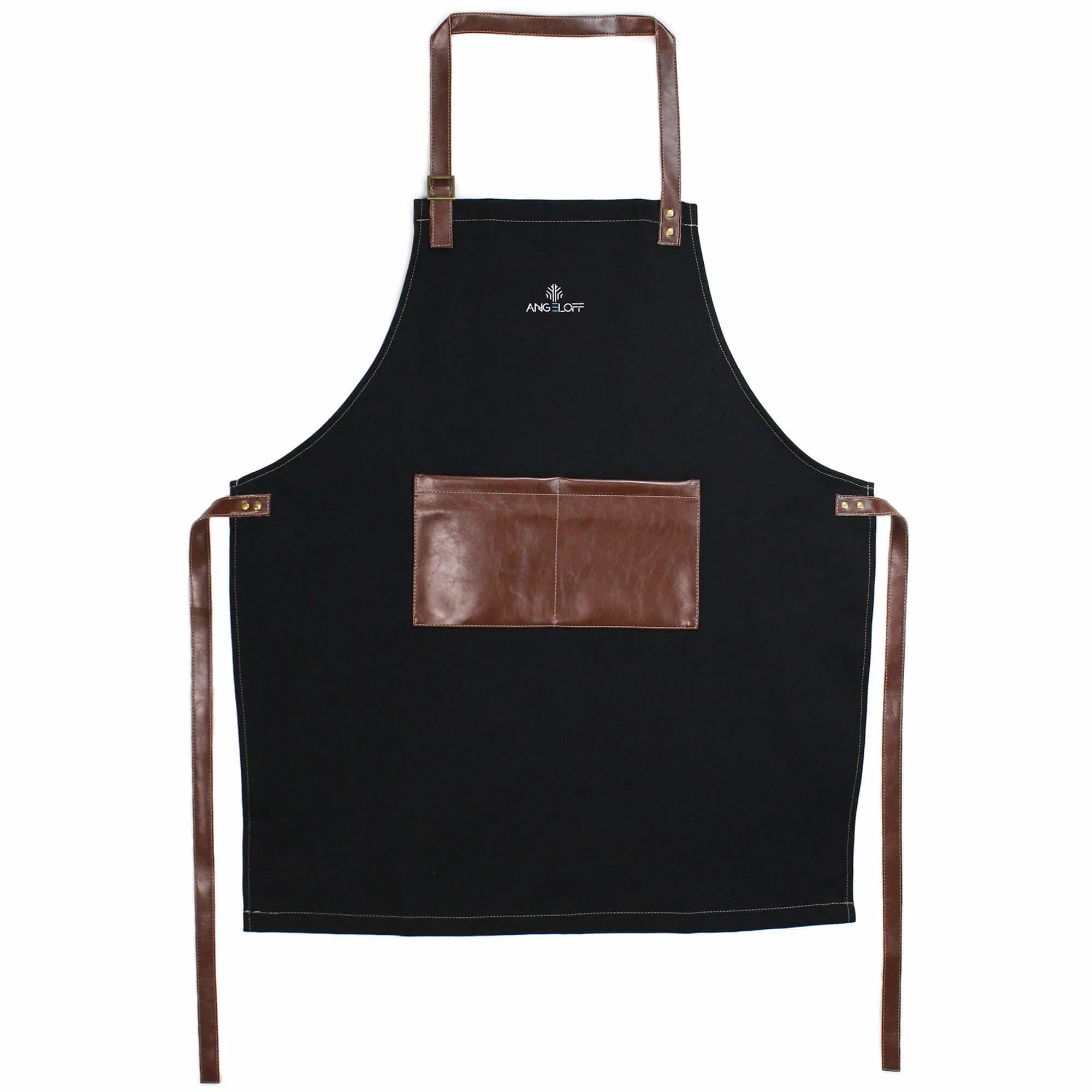 Șorț BBQ pentru bucătărie sau grătar din material denim negru, cu piele ecologică maro, Angeloff