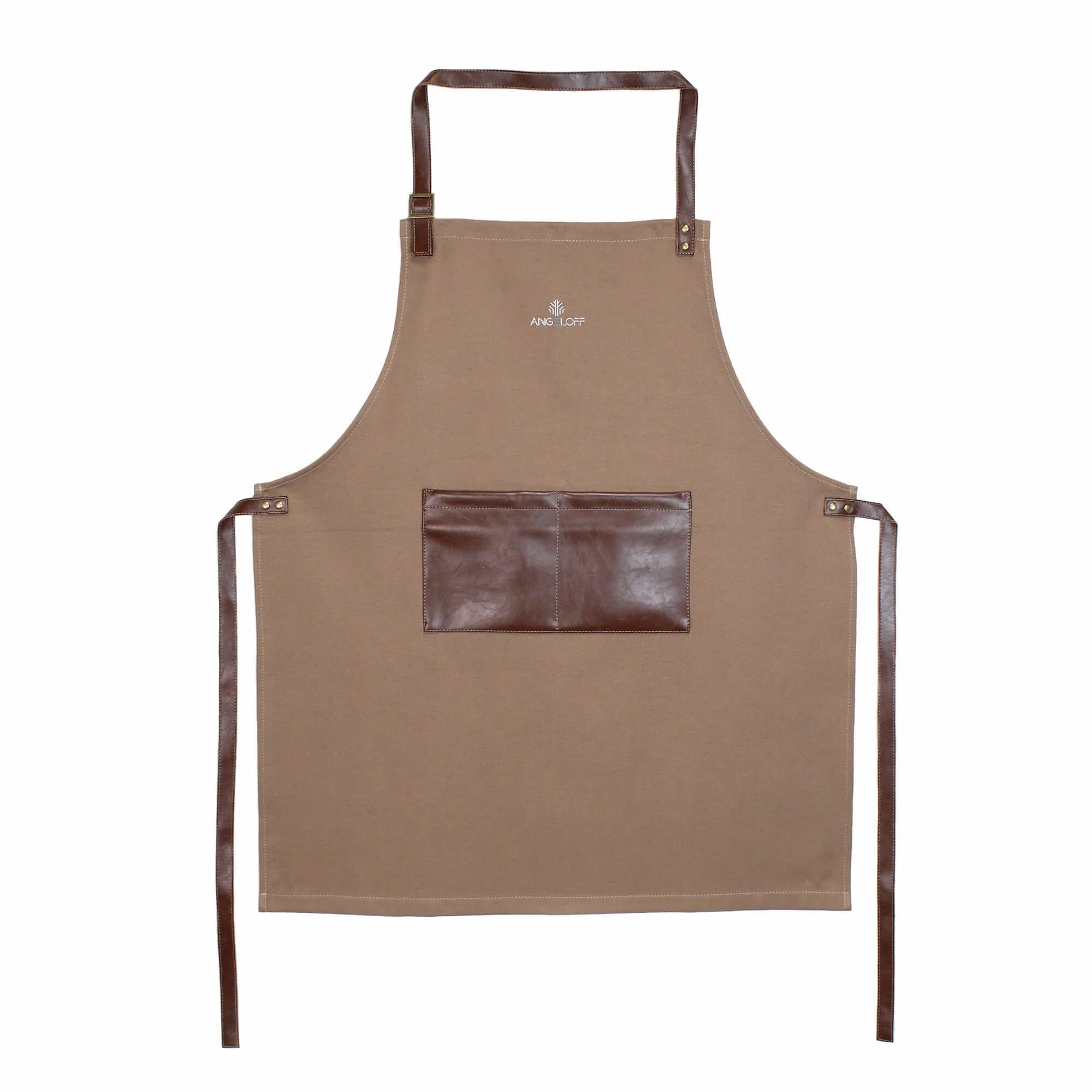 Șorț BBQ pentru bucătărie sau grătar din material denim cu piele ecologică maro, Angeloff