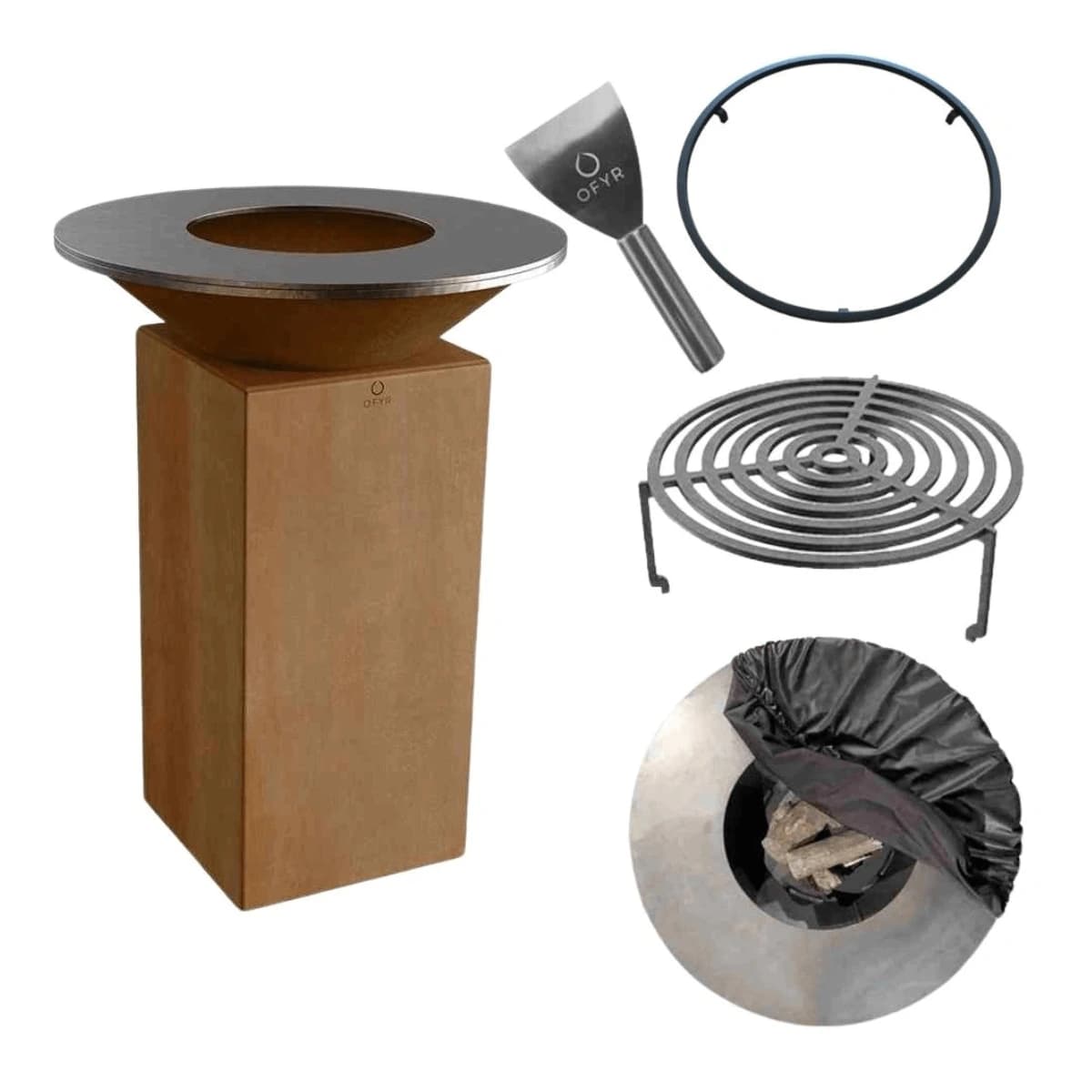 Set grătar OFYR ORIGINAL Corten 75 cu vatră de gătit pe lemne + grătar + husă + racletă — pachet complet pentru gătit 360°
