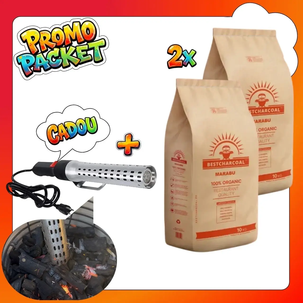 Pachet 2x cărbuni Marabu 10 kg - Bestcharcoal + 1x aprinzător electric