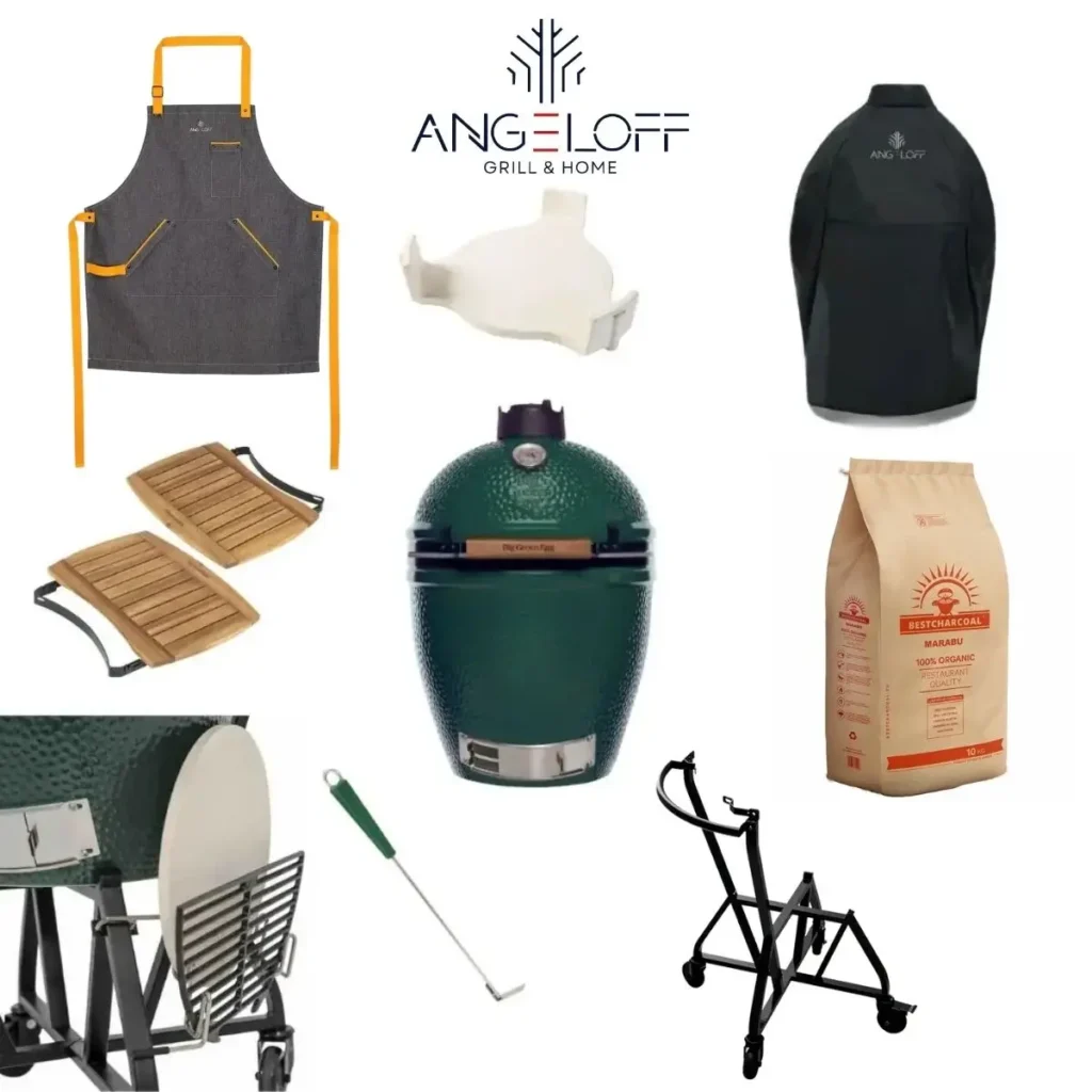 Pachet pro la gratar ceramic Kamado Big Green Egg Large cu sort husa deflector masute suport cu roti suport accesorii tija si carbuni premium