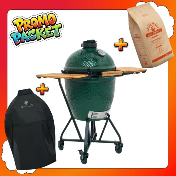 Pachet promotional complet gratar ceramic Kamado Big Green Egg Large cu husa impermeabila si carbuni Marabu
