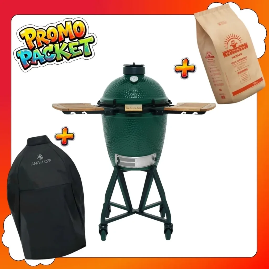 Pachet promotional complet gratar ceramic Kamado Big Green Egg Medium cu husa impermeabila si carbuni Marabu