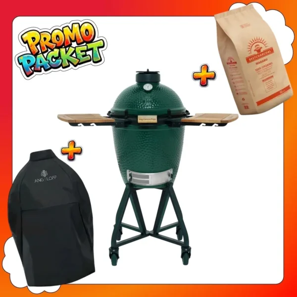 Pachet promotional complet gratar ceramic Kamado Big Green Egg Medium cu husa impermeabila si carbuni Marabu
