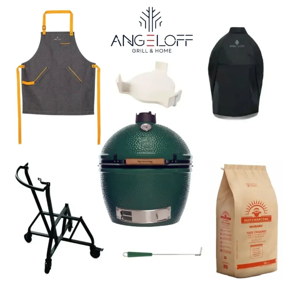 Pachet starter la gratar ceramic Kamado Big Green Egg XLarge cu sort husa deflector suport cu roti tija si carbuni premium