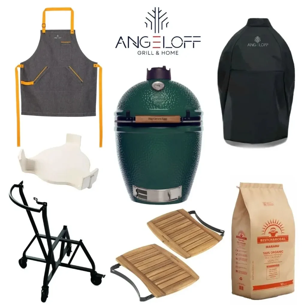 Pachet promotional la gratar ceramic Kamado Big Green Egg Large cu sort husa deflector masute suport cu roti si carbuni premium