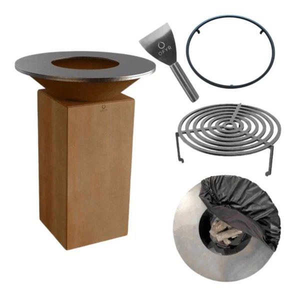 Pachet gratar gradina pe lemne OFYR 75 cm si cadouri incluse gratar, opritor alimente, spatula, gratar rotund si husa