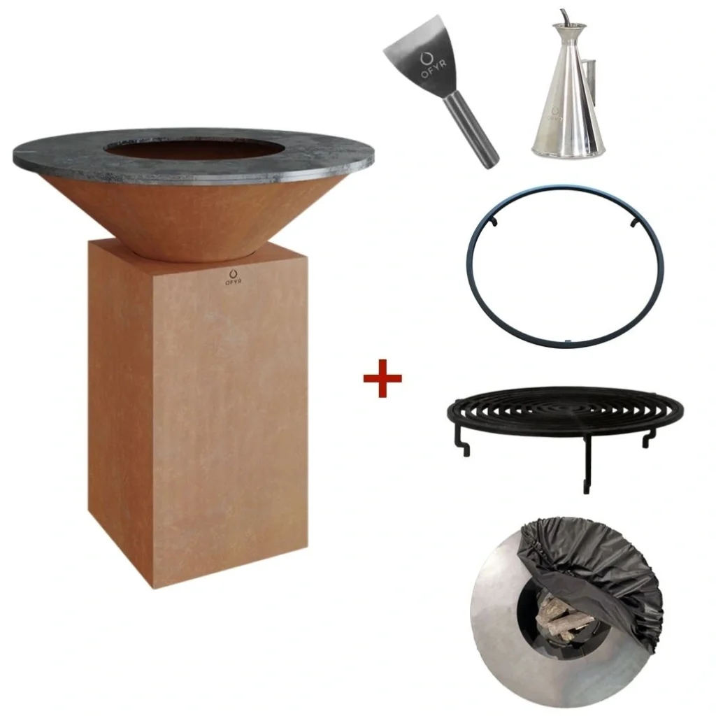 Pachet gratar pe lemne OFYR 85 cm cu accesorii cadou husa, grila, opritor alimente, cana pentru turnarea uleiului si gratar gradina pe lemne cu plita si suprafata de gatit de 85 cm