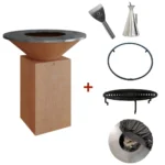 Pachet gratar pe lemne OFYR 85 cm cu accesorii cadou husa, grila, opritor alimente, cana pentru turnarea uleiului si gratar gradina pe lemne cu plita si suprafata de gatit de 85 cm