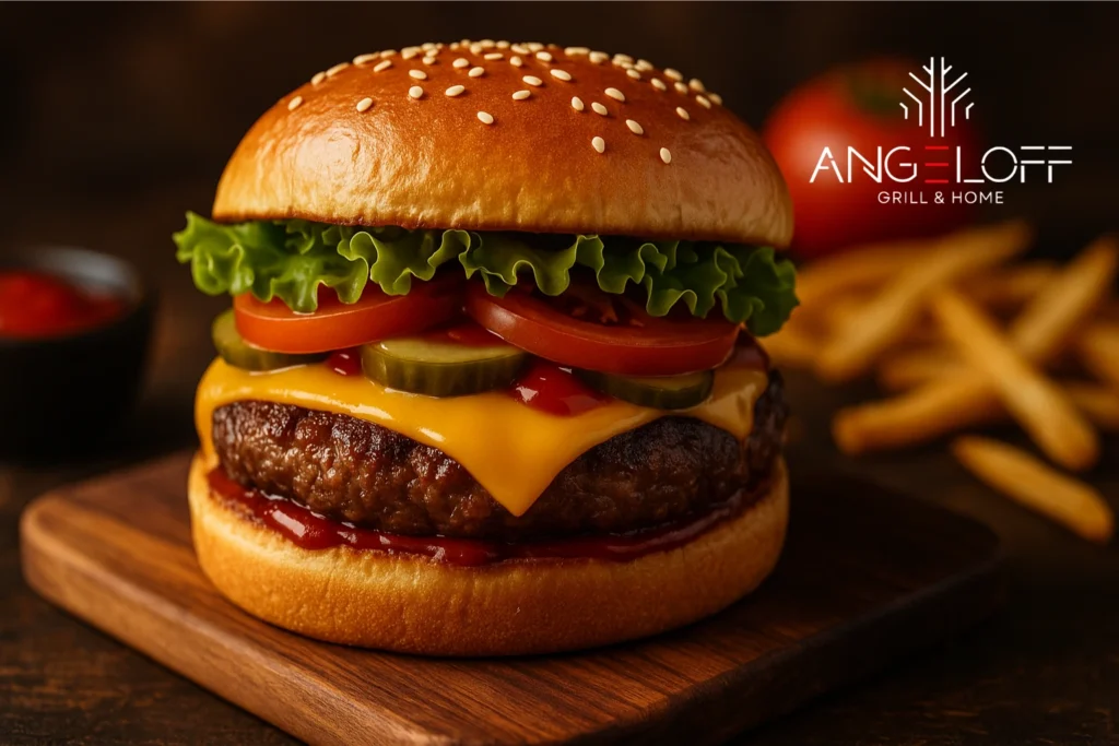 Evolutia unui hamburger clasic delicios pe tocator inconjurat de legume si cartofi prajiti