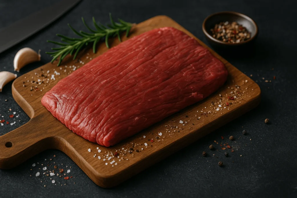 Flank steak pe un tocator din lemn inconjurat de condimente