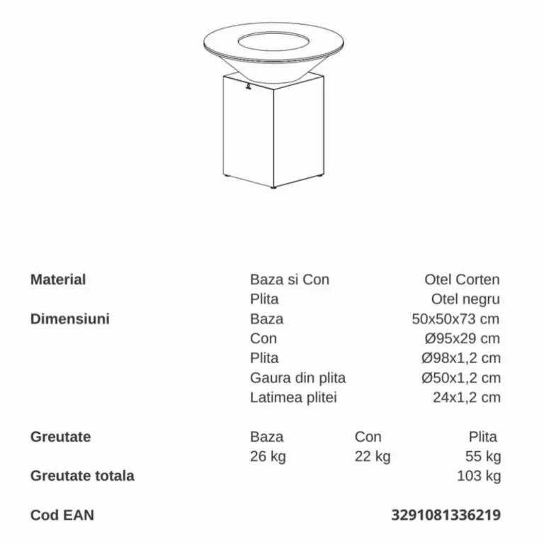 Gratar gradina pe lemne OFYR ruginiu 100 cm diametru dimensiuni exacte