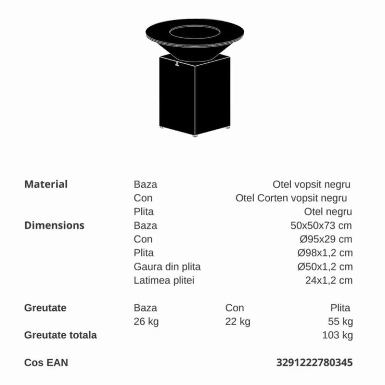 Gratar pe lemne OFYR negru 100 cm diametru dimensiuni fixe