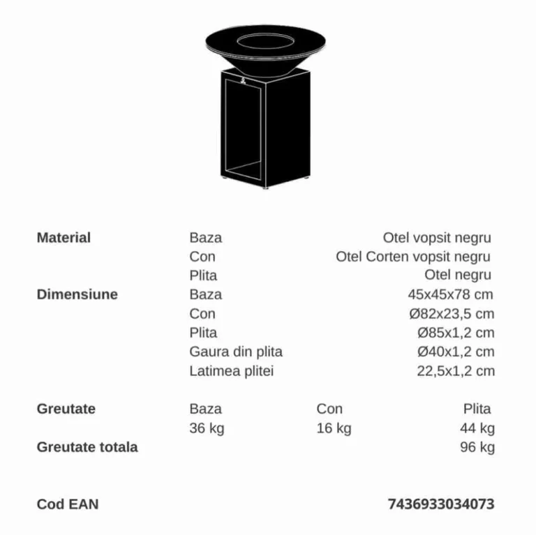 Gratar pe lemne cu plita 85 cm SD OFYR negru cu spatiu de depozitare a lemnelor dimensiuni