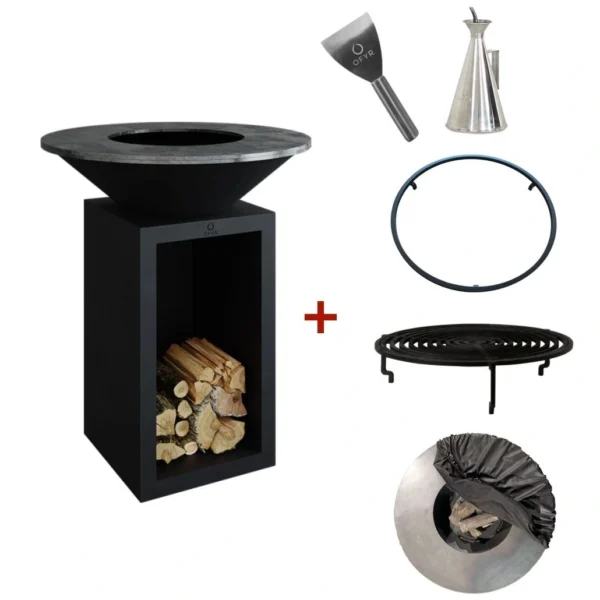 Gratar pe lemne cu plita OFYR negru 85 cm SD cu loc pentru depozitarea lemnelor in pachet promotional cu accesorii necesare husa spatula cana pentru ulei grila si opritor alimente