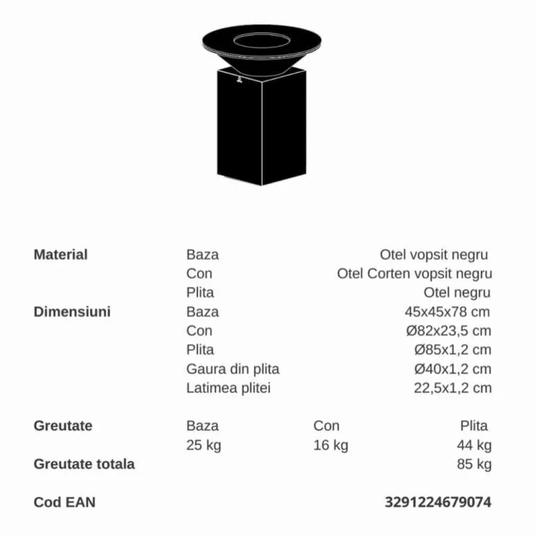 Gratar pe lemne cu plita negru de 85 cm diametru OFYR dimensiuni