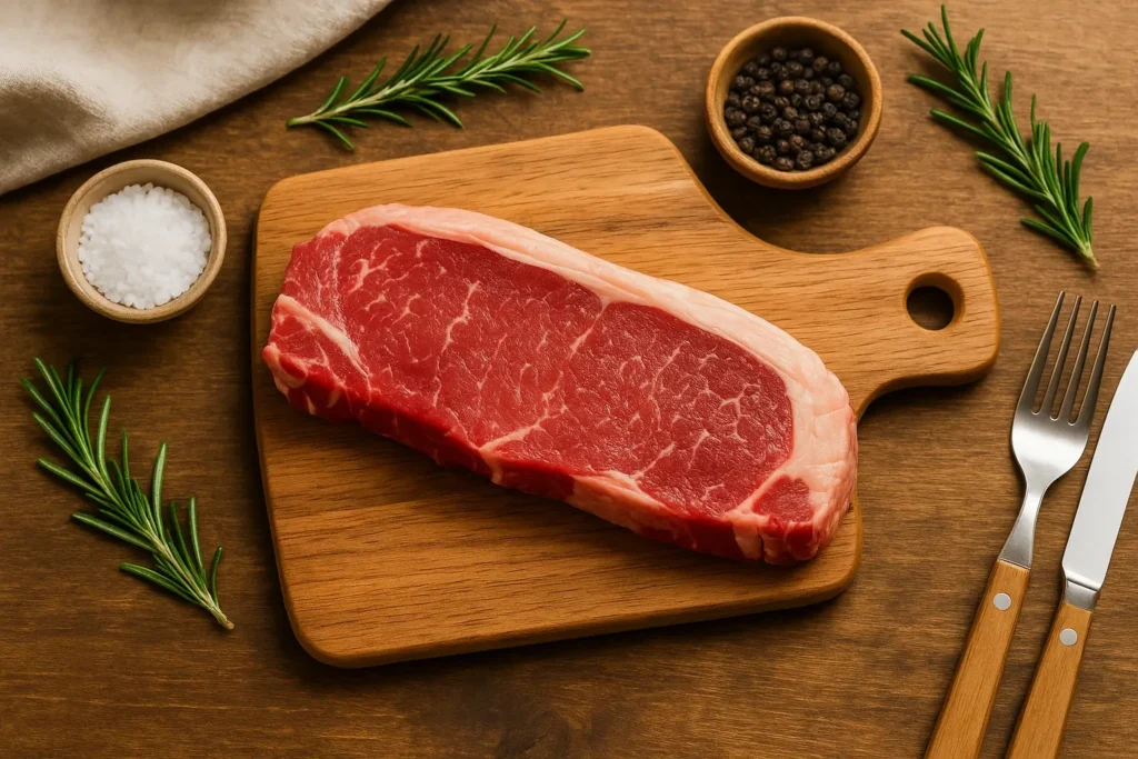 New York Strip steak pe un tocator din lemn inconjurat de accesorii