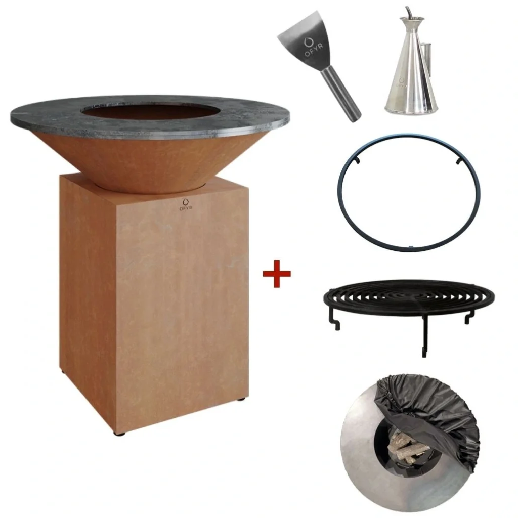 Pachet promotional gratar pe lemne cu plita OFYR 100 cm diametru ruginiu cu accesorii esentiale spatula cana husa opritor alimente si grila din fonta
