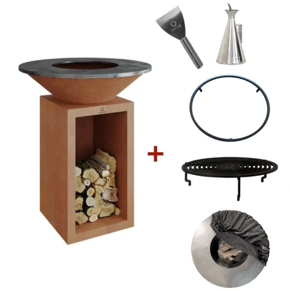 Set gratar pe lemne OFYR 85 cm SD cu spatiu de depozitare a lemnelor si accesorii esentiale incluse