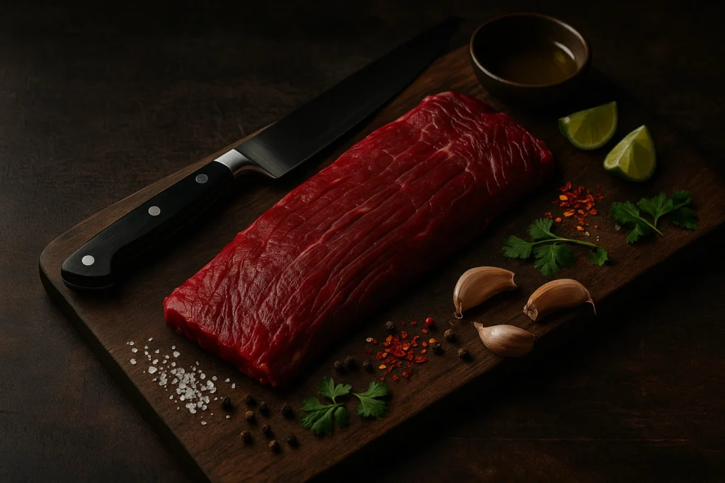 Skirt steak pe tocator din lemn si condimente