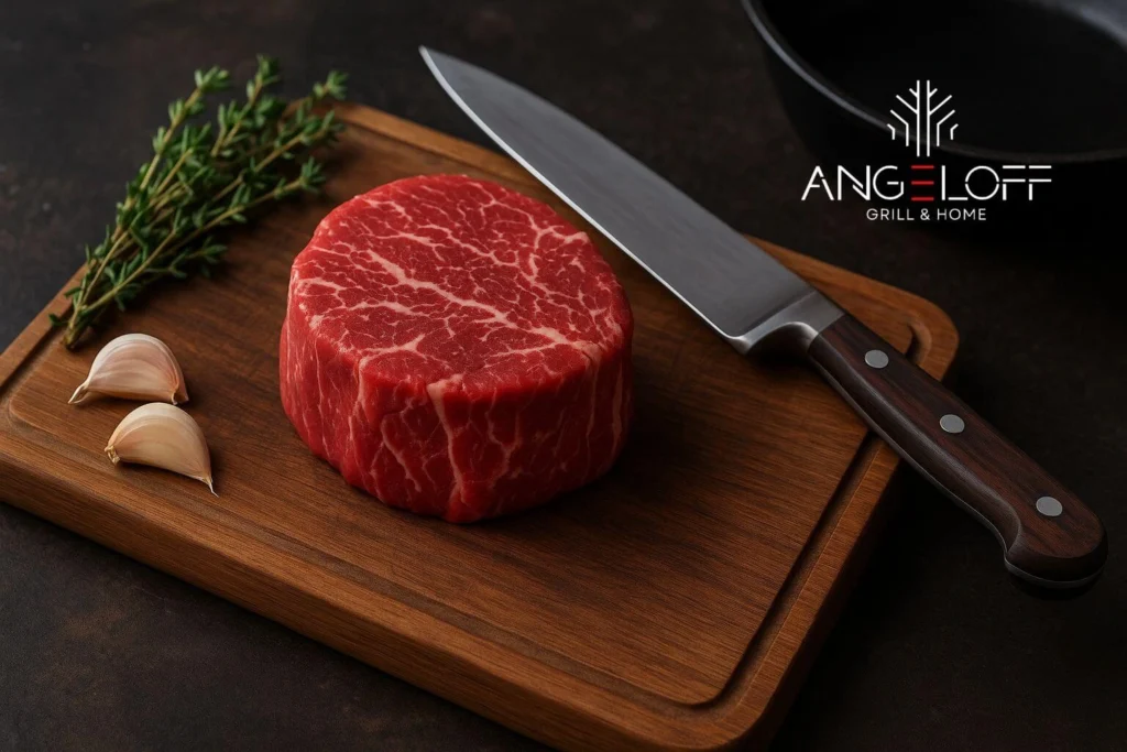 Steak fillet mignon pe tocator cu cimbru si usturoi cutit si tigaie din fonta