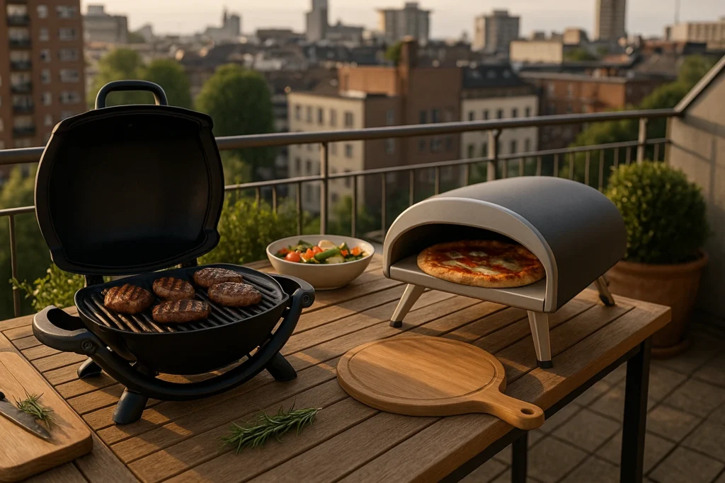 Gratar electric compact si cuptor pizza pe o masa exterioara aflata pe un balcon mic