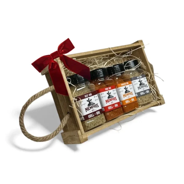 Set mixuri de 4 condimente Rub pentru BBQ in cutie din lemn ideal pentru cadou de Craciun