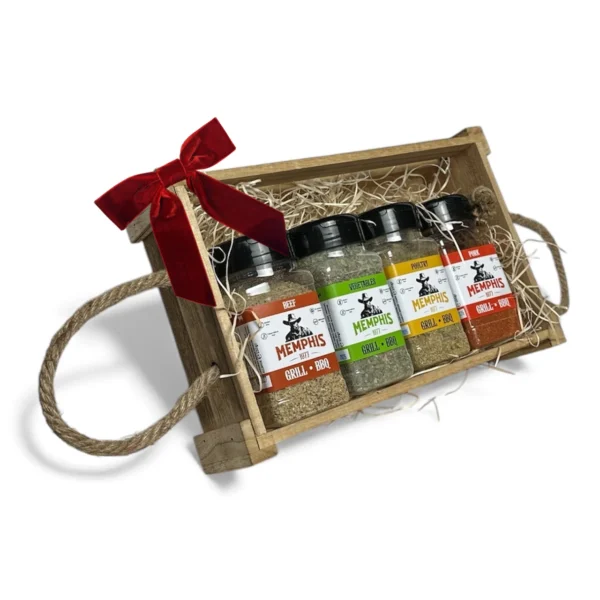 Set mixuri de 4 condimente in cutie din lemn ideal pentru cadou de Craciun