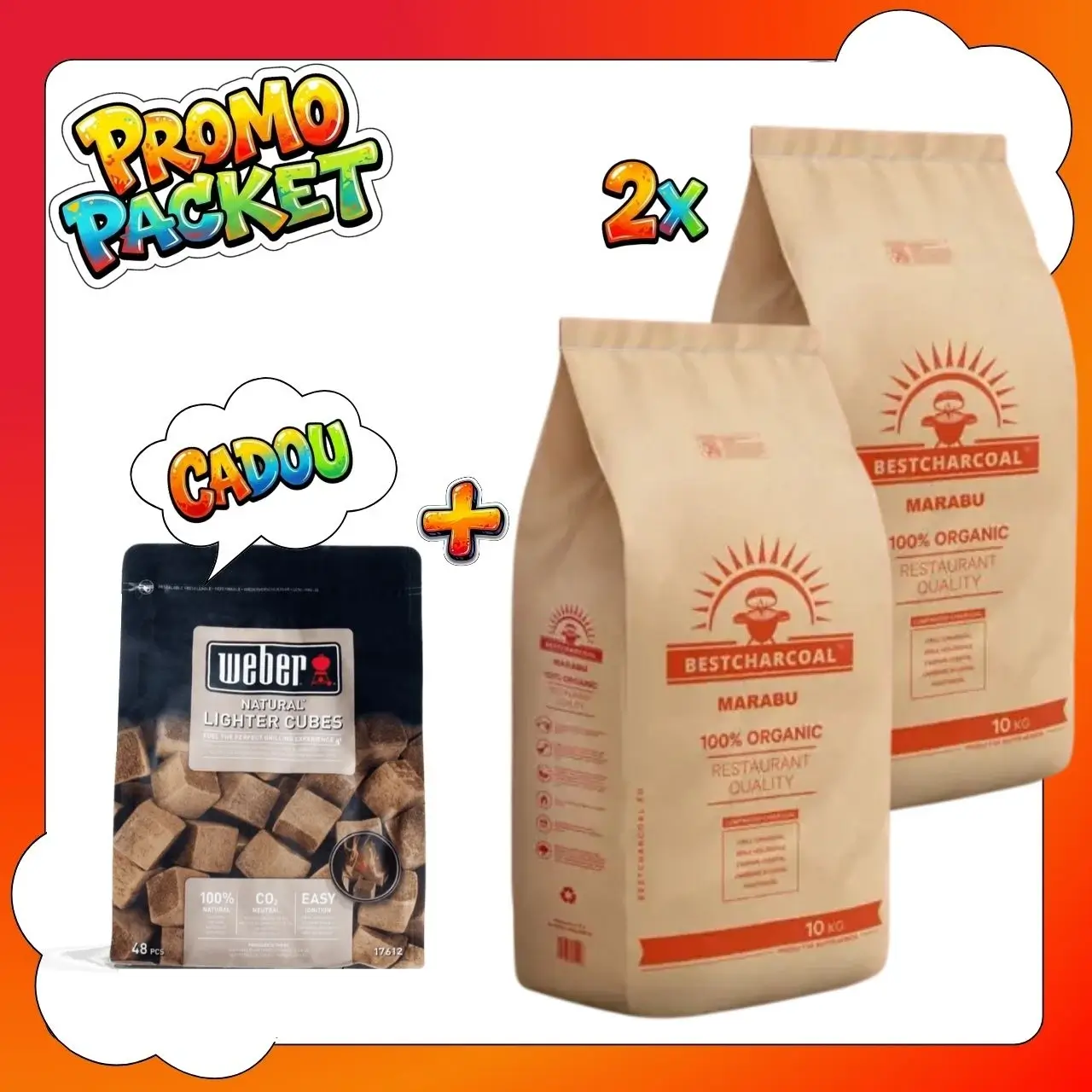 Pachet promotional cu 2 saci de carbuni Marabu de 10 kg si un pachet de cuburi de aprindere Weber Pachet promotional cu 2 saci de carbuni Marabu de 10 kg si un pachet de cuburi de aprindere Weber