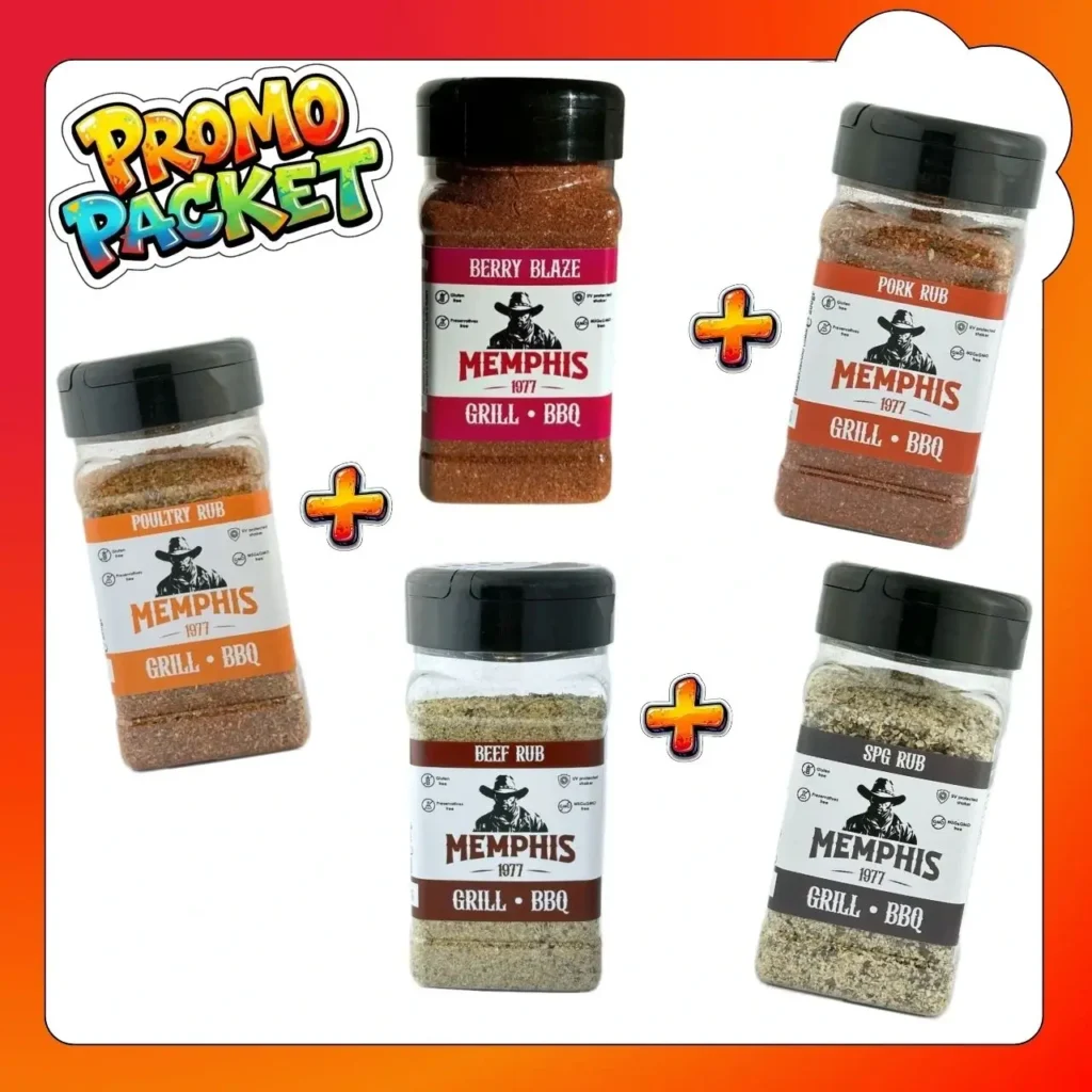 Pachet promotional cu 5 condimente pentru BBQ vita porc pui fructat si baza spg sare piper si usturoi Memphis Grill BBQ
