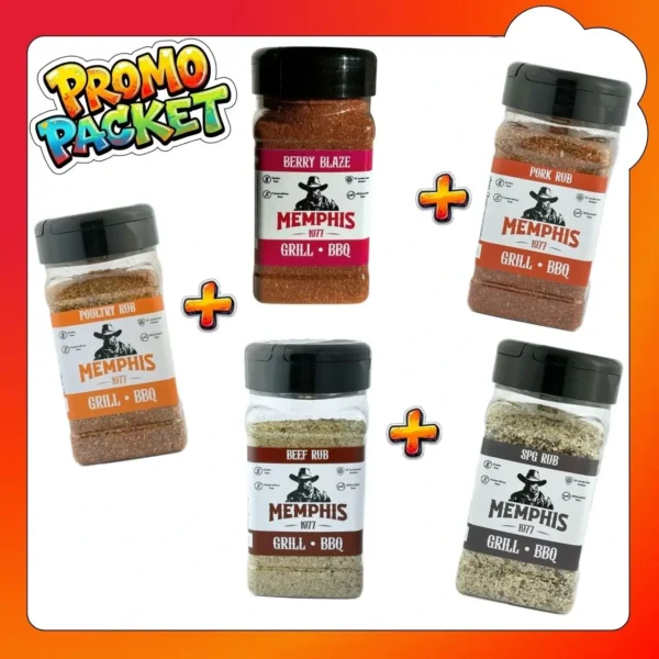 Pachet promotional cu 5 condimente pentru BBQ vita porc pui fructat si baza spg sare piper si usturoi Memphis Grill BBQ