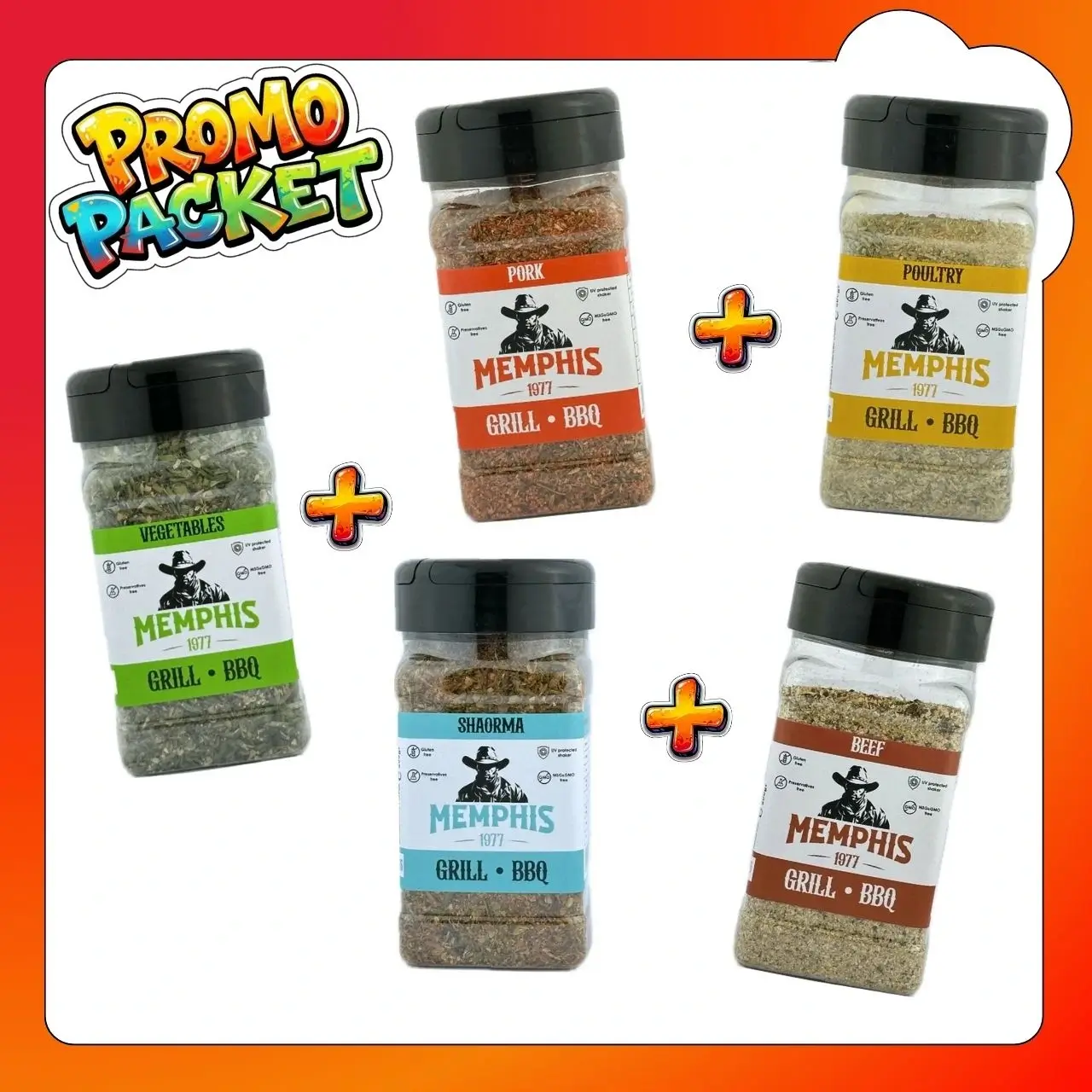 Pachet promotional cu 5 condimente pentru gratar vita porc pui shaorma si legume Memphis Grill si BBQ Pachet promotional cu 5 condimente pentru gratar vita porc pui shaorma si legume Memphis Grill si BBQ