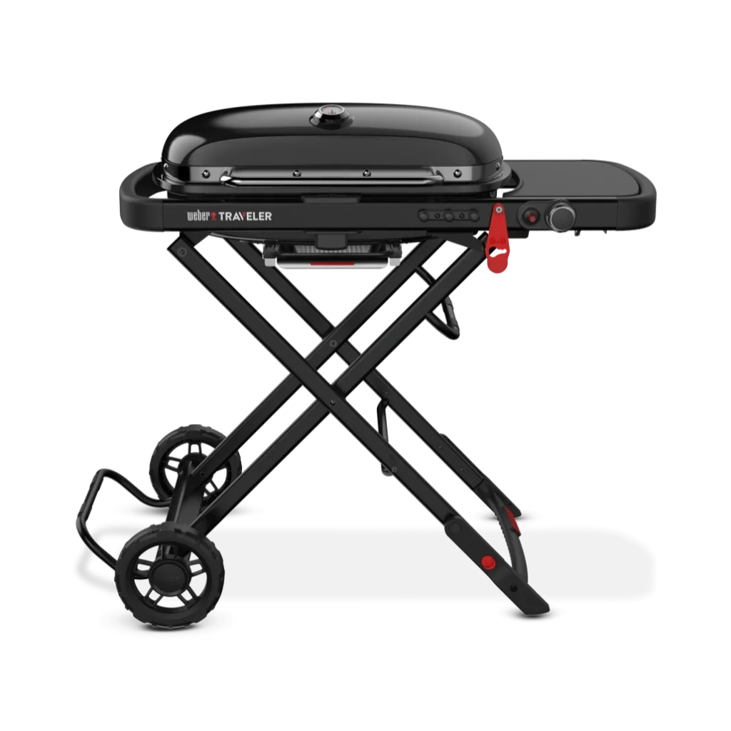 Gratar pe gaz Traveler Stealth negru cu roti masive pliabil masa laterala Weber