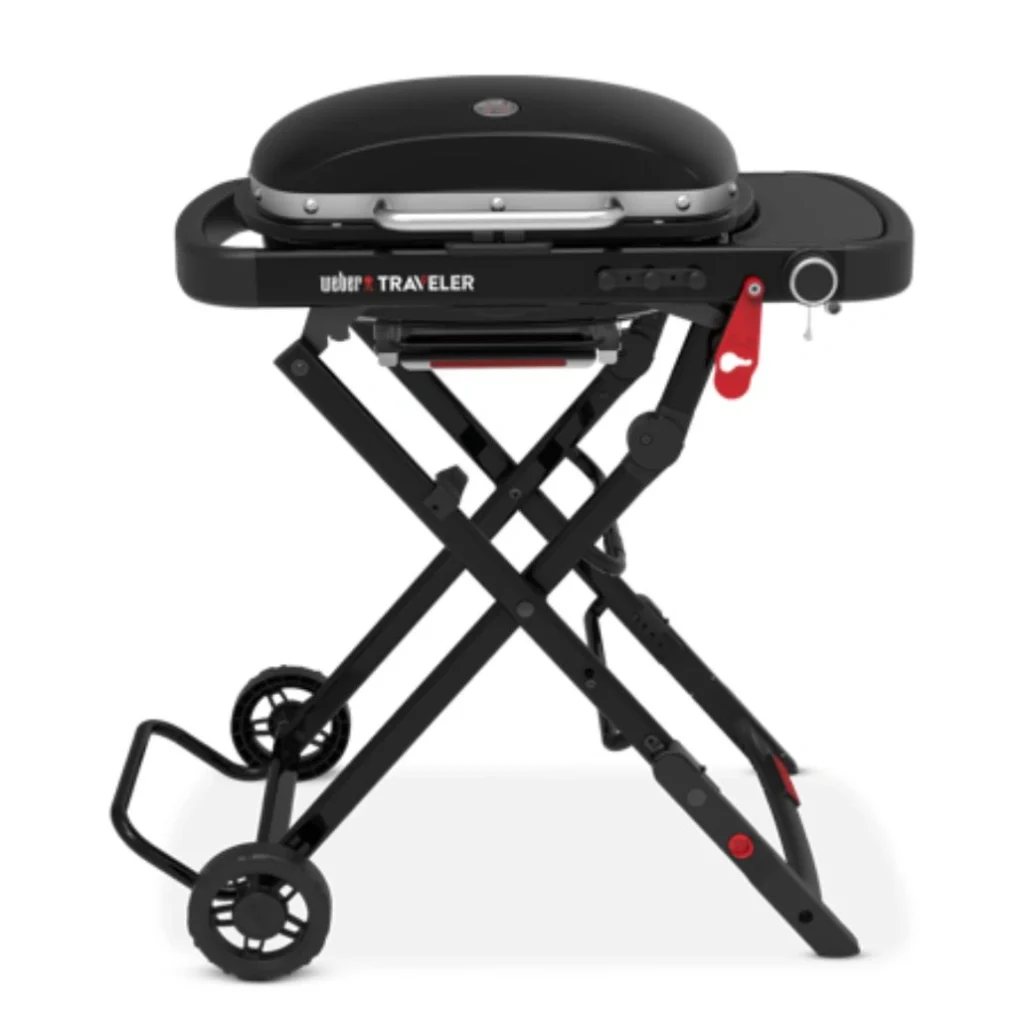 Gratar pe gaz Weber pliabil cu roti masive si masa de lucru Traveler negru compact