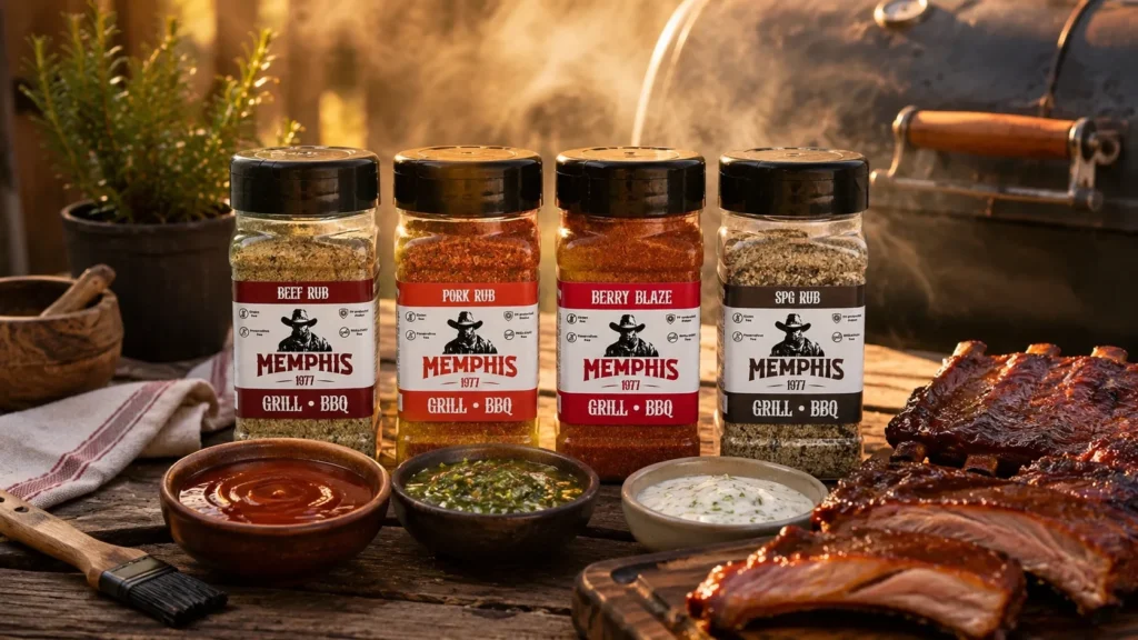 Condimente rub Memphis 1977 pentru grătar - Beef Rub, Pork Rub, Berry Blaze și SPG Rub lângă coaste BBQ