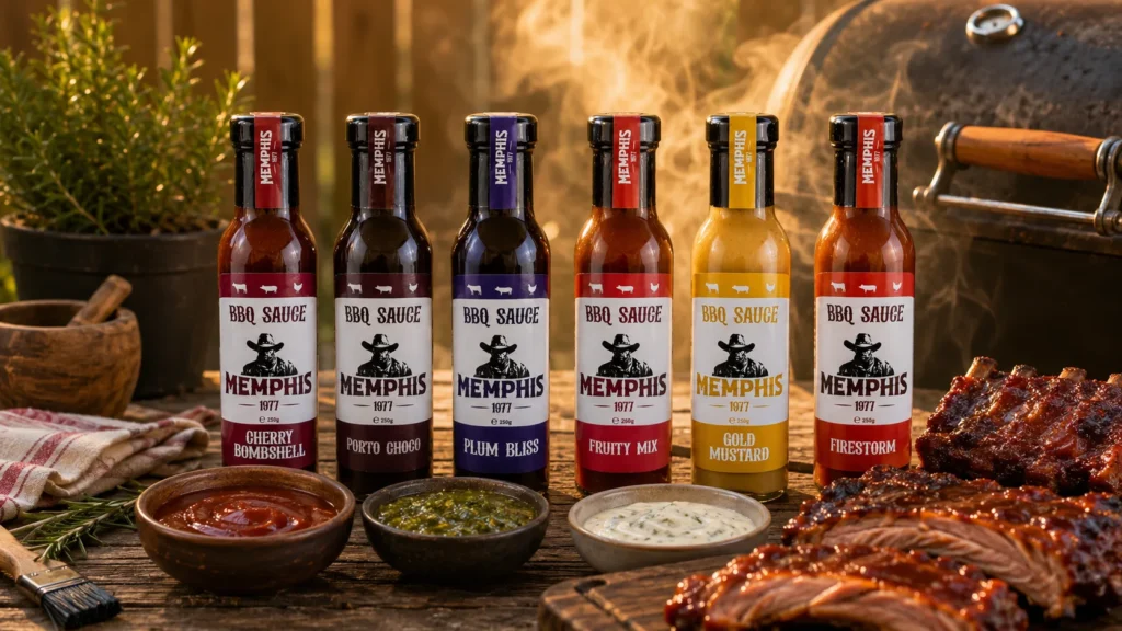 Sosuri BBQ Memphis 1977 pentru grătar - Cherry Bombshell, Porto Choco, Plum Bliss, Fruity Mix, Gold Mustard și Firestorm lângă coaste glazurate