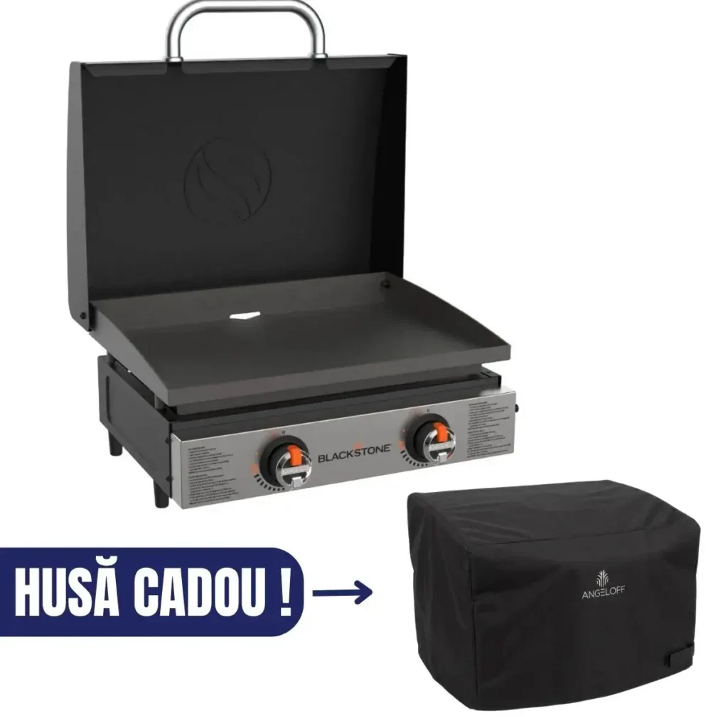 Gratar gradina pe gaz plancha de 22 inch cu capac Blackstone cu husa de protectie premium cadou