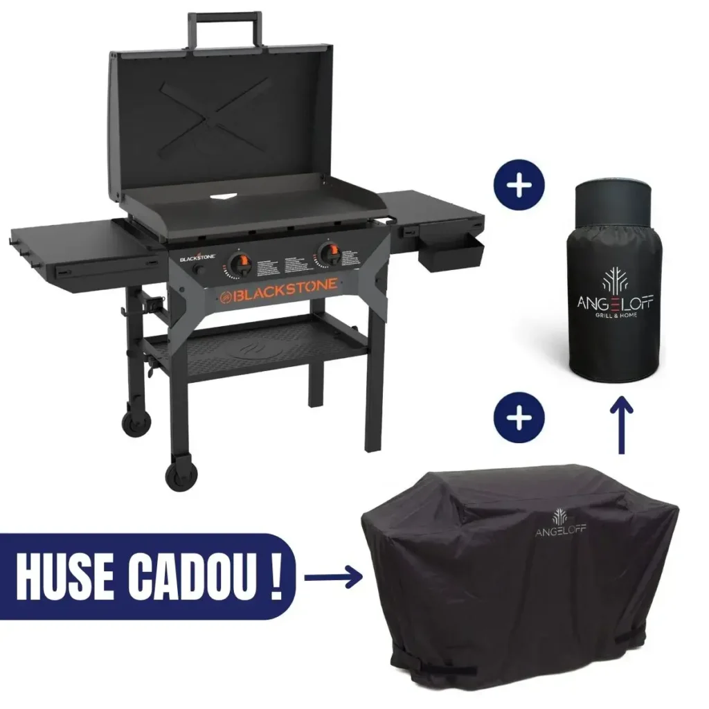 Gratar gradina pe gaz plancha de 28 inch Iron Forged Blackstone cu husa de protectie premium si husa butelie cadou