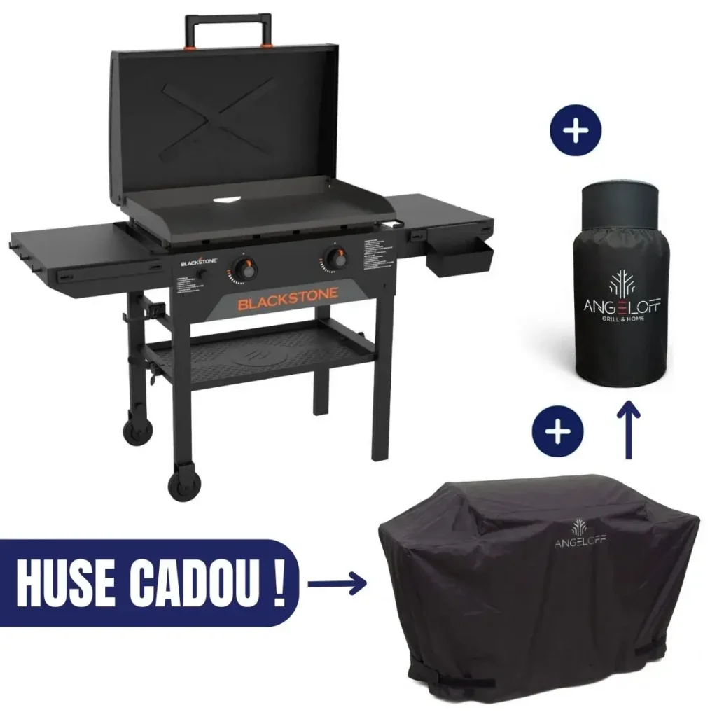 Gratar gradina pe gaz plancha de 28 inch Omnivore cu 2 arzatoare Blackstone cu husa de protectie premium si husa butelie cadou