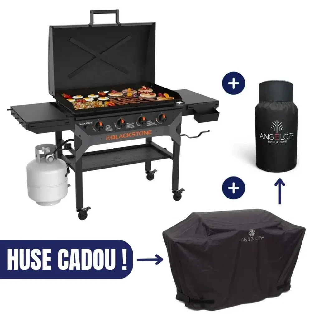 Gratar gradina pe gaz plancha de 36 inch Iron Forged Blackstone cu husa de protectie premium si husa butelie cadou